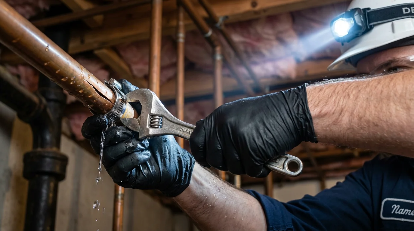 Emergency pipe clamp repair being performed by a Johns Plumbing LLC plumber in Sturbridge