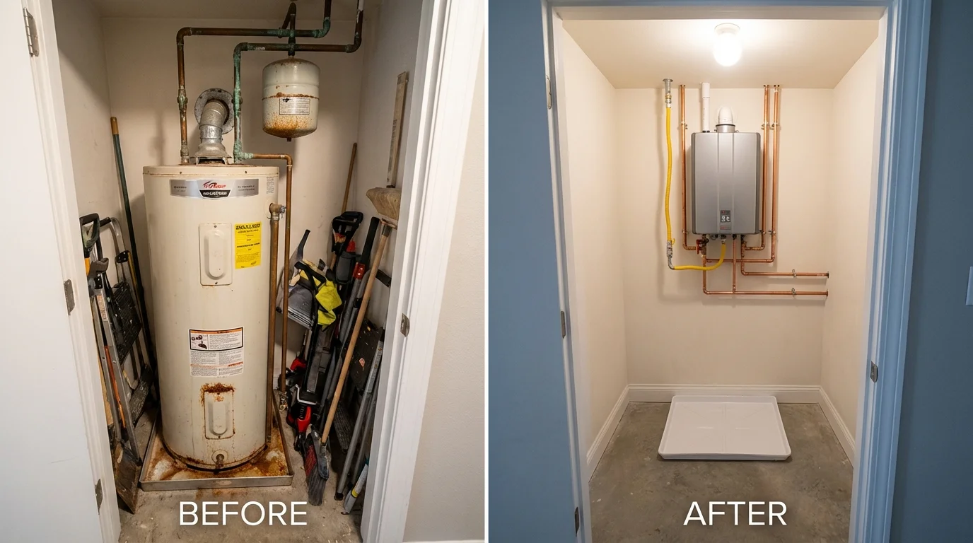 Tank water heater versus wall-mounted tankless unit comparison for Sturbridge, MA homeowners