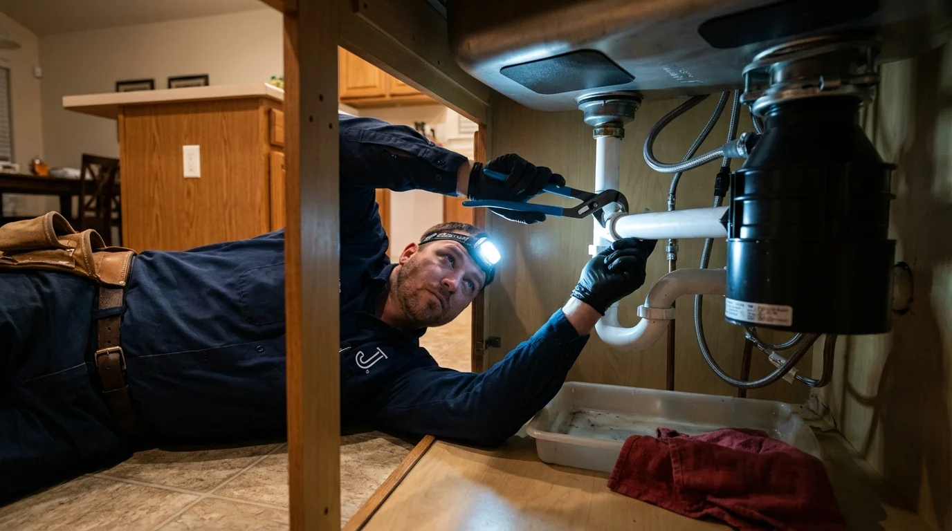 P-trap and supply line connections under a kitchen sink showing a common leak point in Sturbridge, MA